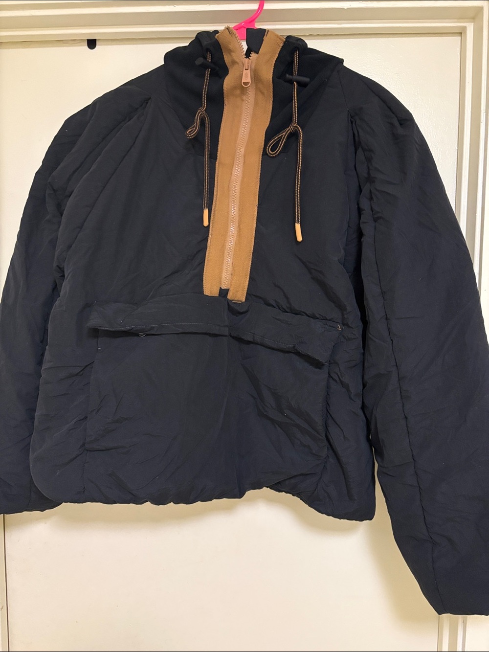 Men's Black Pullover Jacket with Tan Trim